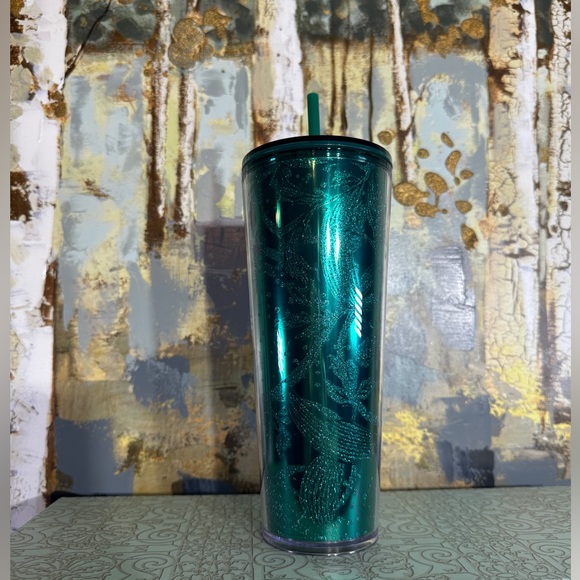 Starbucks Green Glitter Tropical Swirl Acrylic Cold Cup Tumbler - Picture 4 of 6